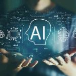 Person holding virtual icons related to artificial intelligence