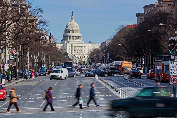 People crossing street near the US Capitol building