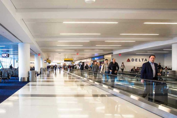 1089085346 People walking through a busy airport terminal