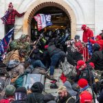 Crowd storming a building entrance with flags and signs