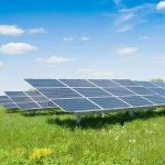 Solar panels in a grassy field under blue sky