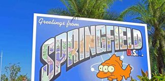 Greetings from Springfield sign with three-eyed fish.