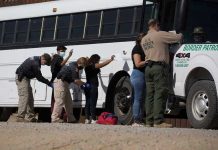 Border patrol officers investigating people near a bus.