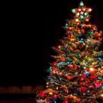 A beautifully decorated Christmas tree with colorful lights against a dark background