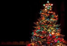 A beautifully decorated Christmas tree with colorful lights against a dark background