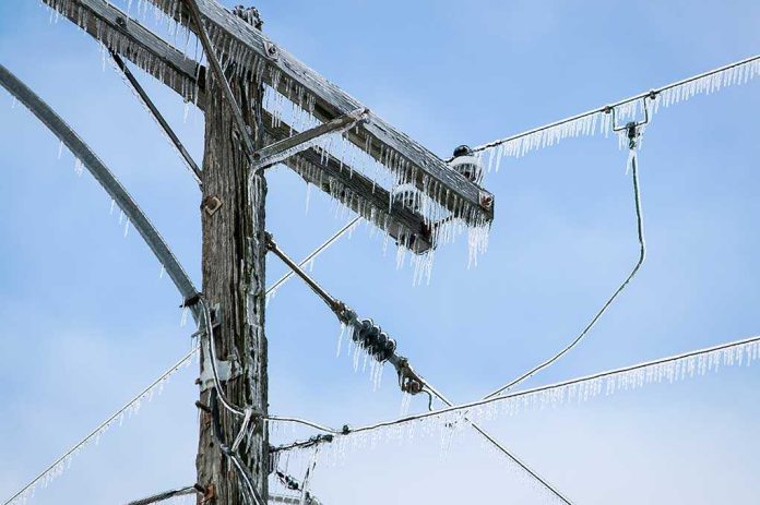 Icy power lines and a utility pole against a blue sky