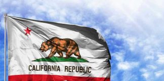 California Republic flag waving against blue sky.
