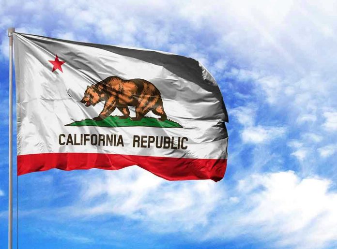 1209468139 California Republic flag waving against blue sky.