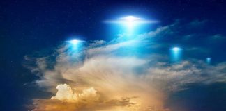 Mystery UFO Files Unveiled – Decades of Secrets! Glowing lights above dramatic sunset clouds.