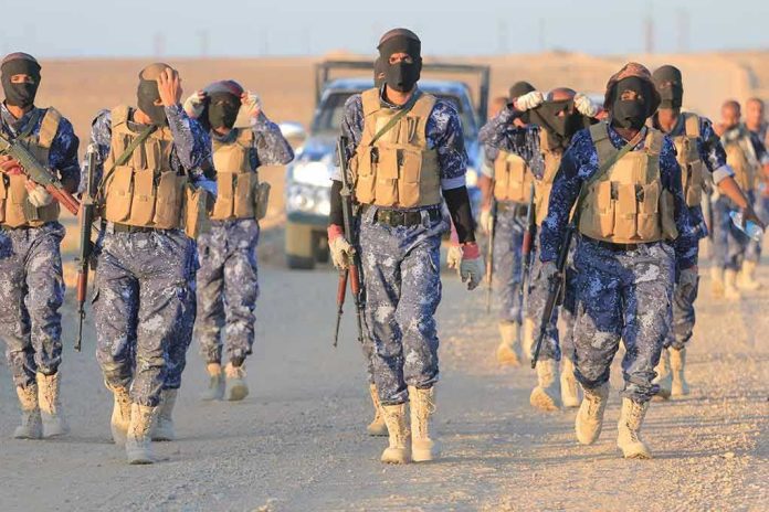2446565389 Camouflaged soldiers wearing masks and vests walk in desert.