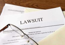 Ben Affleck, Matt Damon SUED by Miami Cops! Documents labeled Lawsuit with glasses on top.
