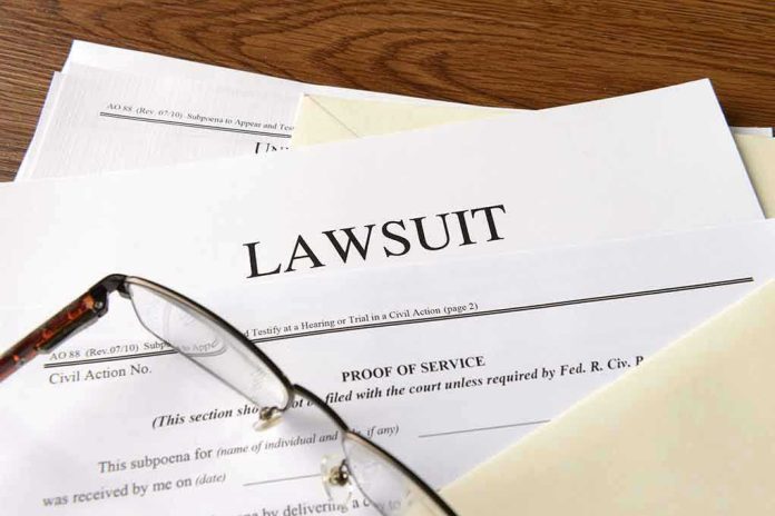 Documents labeled Lawsuit with glasses on top.