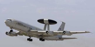 U.S. Bombers Cut: NATO Unnerved NATO AWACS aircraft taking off from an airfield
