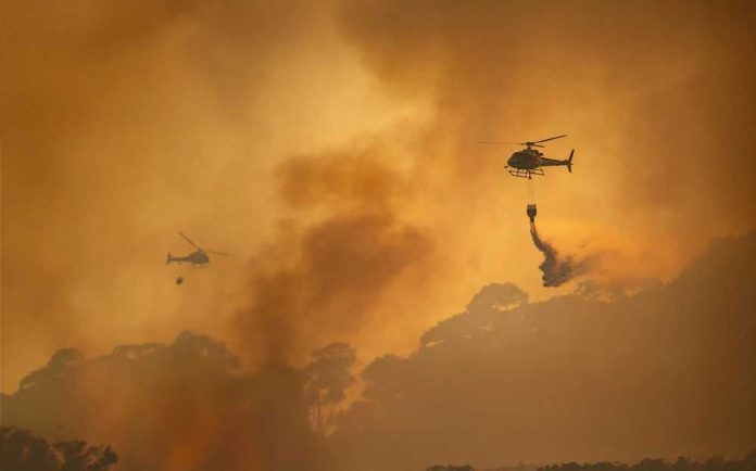 2568867799 Helicopters dropping water over forest fire smoke sky