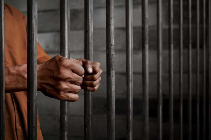 Hands gripping prison cell bars.