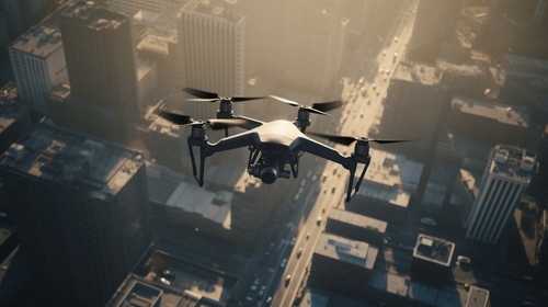 shutterstock_2317387247 A drone flying over a cityscape during sunset