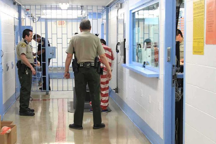 Corrections officers escort an inmate in a jail hallway