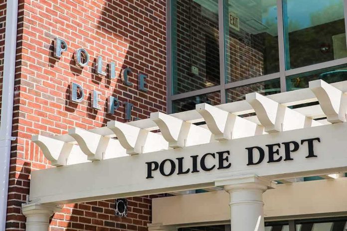 Police department entrance with pergola and brick wall