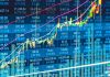 Stock market chart with rising candlesticks and trend lines