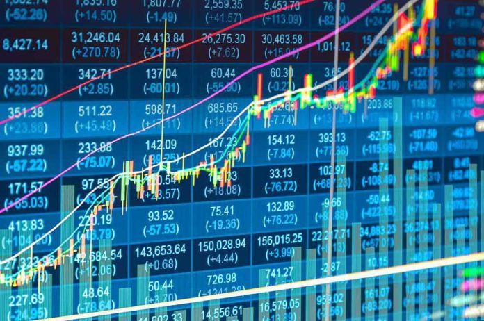 Stock market chart with rising candlesticks and trend lines