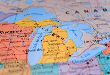 Mapmakers Panic? Lake Ontario In Crosshairs Close-up of a map highlighting Michigan and the Great Lakes
