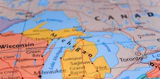 Mapmakers Panic? Lake Ontario In Crosshairs Close-up of a map highlighting Michigan and the Great Lakes