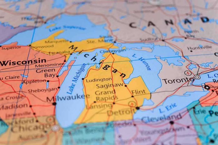 Close-up of a map highlighting Michigan and the Great Lakes