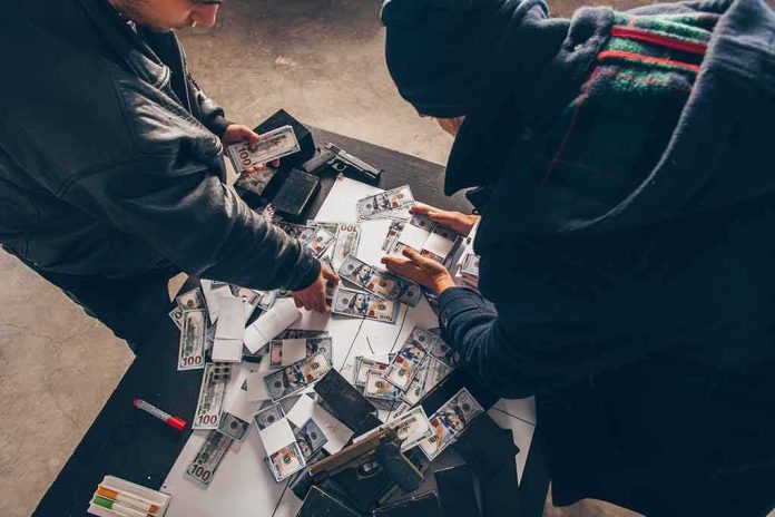 shutterstock_1283218267 Two people sorting stacks of U.S. dollar bills on a table