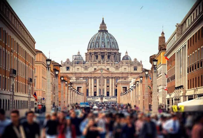 St. Peter's Basilica viewed from a busy street with crowds