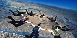 2-Mile Freefall While Unconscious! Skydivers forming a circle in freefall over a city and farmland