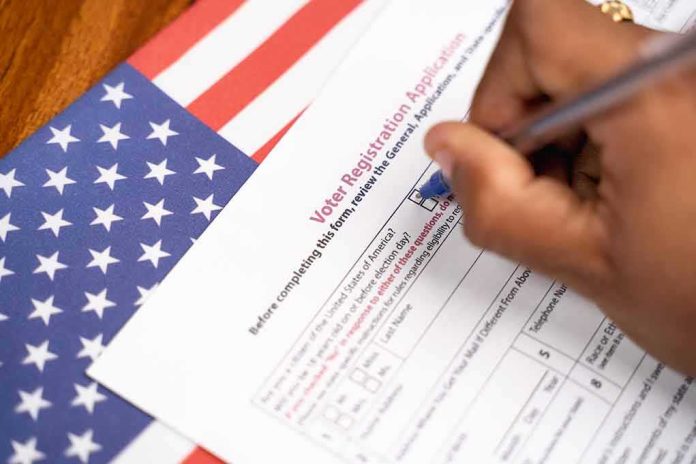 Hand filling out a voter registration form beside an American flag
