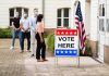 Election Integrity Fight Explodes In Texas Voters wearing masks line up outside a polling place