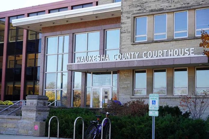 shutterstock_2220012853 Waukesha County Courthouse entrance with glass facade and signage