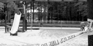 Queens Park Panic—Shooter Still Loose Playground closed off with caution tape in black and white