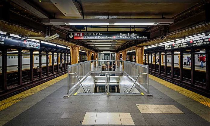 Subway platform with stairwell and tracks on both sides