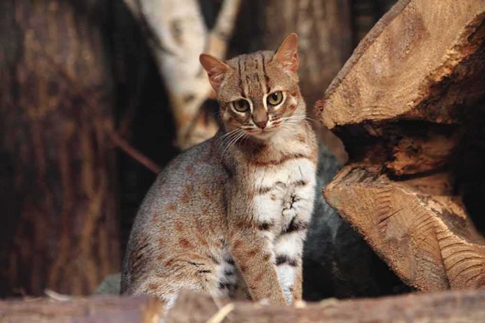 shutterstock_796460383-1 small spotted wildcat standing among tree logs