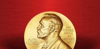 Behind Closed Doors: Peace Prize Curtain Lifts Gold Nobel Prize medal on red background.