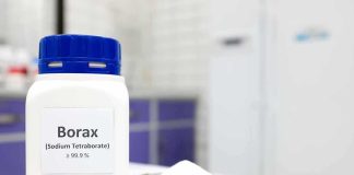 borax container with blue cap beside dish of white powder in lab