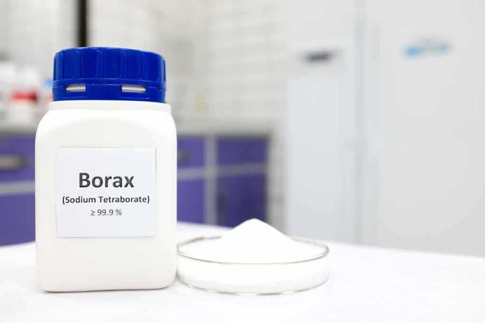 borax container with blue cap beside dish of white powder in lab