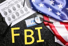 FBI Data Heist Twist – Suspect Starts Talking FBI letters with fingerprint sheet, badge, magnifying glass, and US flag