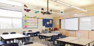 Teacher’s Vodka Run Sparks School Chaos Empty classroom with tables, chairs, and a whiteboard