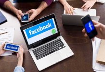 Quiet Apple Switch, Massive Legal Fight Laptop with Facebook on screen surrounded by smartphones