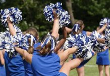 Dallas Cowboys Blitz Rock Show Costumes cheerleaders performing with blue and white pom-poms