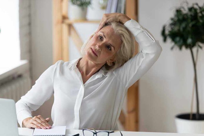 1619862568 Woman stretching neck at a desk indoors