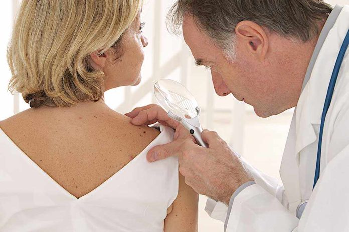 Doctor examining a patients skin with a magnifying glass